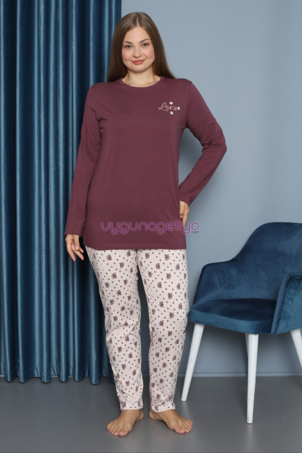 Mürdüm Renk Yuvarlak Yaka Teknur P3064 Uzun Kol Pamuklu Büyük Beden Kadın Pijama Takımı, TEKNUR-P3064, Teknur Pijama Takımı