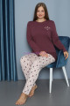 Mürdüm Renk Yuvarlak Yaka Teknur P3064 Uzun Kol Pamuklu Büyük Beden Kadın Pijama Takımı, TEKNUR-P3064, Teknur Pijama Takımı