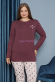 Mürdüm Renk Yuvarlak Yaka Teknur P3064 Uzun Kol Pamuklu Büyük Beden Kadın Pijama Takımı, TEKNUR-P3064, Teknur Pijama Takımı