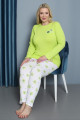 Fıstık Yeşili Renk Yuvarlak Yaka Teknur P3068 Uzun Kol Pamuklu Büyük Beden Kadın Pijama Takımı-Teknur