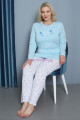 Açık Mavi Renk Yuvarlak Yaka Teknur P3070 Uzun Kol Pamuklu Büyük Beden Kadın Pijama Takımı, TEKNUR-P3070, Teknur Pijama Takımı