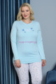 Açık Mavi Renk Yuvarlak Yaka Teknur P3070 Uzun Kol Pamuklu Büyük Beden Kadın Pijama Takımı, TEKNUR-P3070, Teknur Pijama Takımı
