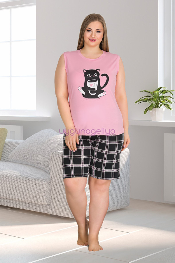 Lady 10339 Pembe Renk Büyük Beden Battal Boy Şortlu Pijama Takımı-Lady