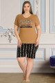 Sarı Renk ve Leopar Desenli Lady 10346 Büyük Beden Battal Boy Şortlu Pijama Takım