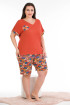 Turuncu Renk ve Çiçek Desenli Lady 10392 Büyük Beden Battal Boy Şortlu Pijama Takım