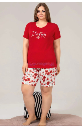 Kırmızı Renk ve Çiçek Desenli Lady 10358 Büyük Beden Battal Boy Şortlu Pijama Takım