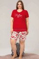Kırmızı Renk ve Çiçek Desenli Lady 10358 Büyük Beden Battal Boy Şortlu Pijama Takım