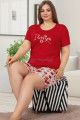 Kırmızı Renk ve Çiçek Desenli Lady 10358 Büyük Beden Battal Boy Şortlu Pijama Takım-Lady
