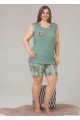 Yeşil Renk ve Çiçek Desenli Lady 10361 Büyük Beden Battal Boy Şortlu Pijama Takım