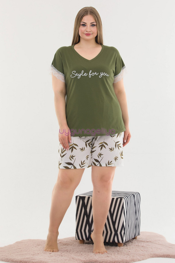Haki Yeşil Renk ve Yaprak Desenli Lady 10370 Büyük Beden Battal Boy Şortlu Pijama Takım, ELİT0010370-2XL, Lady Pijama Takımı, ELİT0010370-2XL