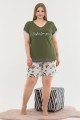 Haki Yeşil Renk ve Yaprak Desenli Lady 10370 Büyük Beden Battal Boy Şortlu Pijama Takım