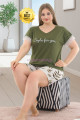 Haki Yeşil Renk ve Yaprak Desenli Lady 10370 Büyük Beden Battal Boy Şortlu Pijama Takım, ELİT0010370-2XL, Lady Pijama Takımı, ELİT0010370-2XL