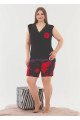 Siyah Renk ve Kırmızı Çiçek Desenli Lady 10371 Büyük Beden Battal Boy Şortlu Pijama Takım, ELİT0010371-2XL, Lady Pijama Takımı, ELİT0010371-2XL