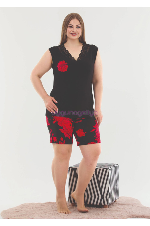 Siyah Renk ve Kırmızı Çiçek Desenli Lady 10371 Büyük Beden Battal Boy Şortlu Pijama Takım, ELİT0010371-2XL, Lady Pijama Takımı, ELİT0010371-2XL