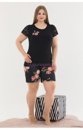 Siyah Renk ve Çiçek Desenli Lady 10372 Büyük Beden Battal Boy Şortlu Pijama Takım