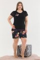 Siyah Renk ve Çiçek Desenli Lady 10372 Büyük Beden Battal Boy Şortlu Pijama Takım
