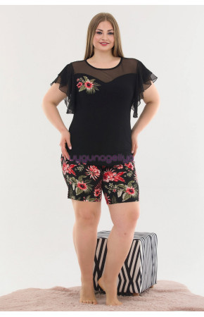 Siyah Renk ve Çiçek Desenli Lady 10374 Büyük Beden Battal Boy Şortlu Pijama Takım