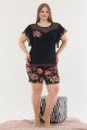 Siyah Renk ve Çiçek Desenli Lady 10374 Büyük Beden Battal Boy Şortlu Pijama Takım