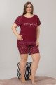 Bordo Renk ve Çiçek Desenli Lady 10378 Büyük Beden Battal Boy Şortlu Pijama Takım