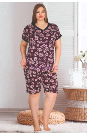 Mürdüm Renk ve Çiçek Desenli Önden Düğmeli Lady 10350 Büyük Beden Battal Boy Şortlu Pijama Takım