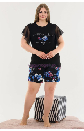 Siyah Renk ve Çiçek Desenli Lady 10355 Büyük Beden Battal Boy Şortlu Pijama Takım