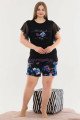 Siyah Renk ve Çiçek Desenli Lady 10355 Büyük Beden Battal Boy Şortlu Pijama Takım