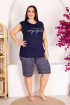 Lacivert Renk ve Desenli Lady 10418 Pamuklu Viskon Kumaş Büyük Beden Battal Boy Şortlu Pijama Takım