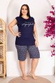Lacivert Renk ve Desenli Lady 10418 Pamuklu Viskon Kumaş Büyük Beden Battal Boy Şortlu Pijama Takım