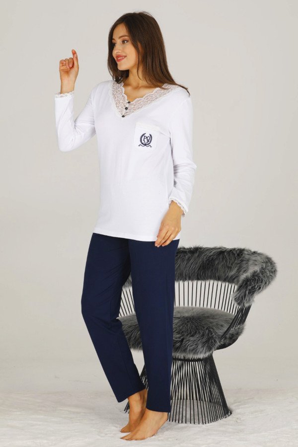 Kadın Beyaz - Lacivert Renkli Teknur 70527 Modal Kumaş Uzun Kol Pijama Takımı Kadın Beyaz - Lacivert Renkli Teknur 70527 Modal Kumaş Uzun Kol Pijama Takımı, Teknur-70527, Kısa Kollu Pijama Takımları