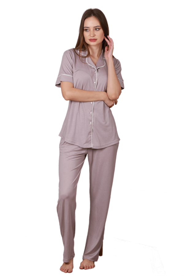 Önden Düğmeli Blackmore 1209, 2 li Pudra Renk Kadın Pijama Takımı, BLMR-1209, Kısa Kollu Pijama Takımları
