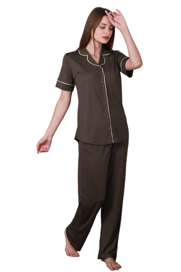 Önden Düğmeli Blackmore 1211, 2 li Koyu Kahve Renk Kadın Pijama Takımı, ELT00B1211-M, Kısa Kollu Pijama Takımları, ELT00B1211-M