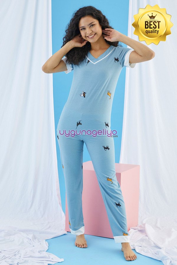 Kısa Kol, Mavi Renkli ve Desenli Teknur 74030 Yazlık Kadın Pijama Takımı Kısa Kol, Mavi Renkli ve Desenli Teknur 74030 Yazlık Kadın Pijama Takımı, Teknur-74030, Kısa Kollu Pijama Takımları