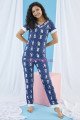 Kısa Kol, Lacivert Renkli ve Desenli Teknur 74043 Yazlık Kadın Pijama Takımı