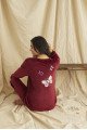 Bordo Renk Kadife Kumaş Arkası Kelebek Desenli  Teknur 52069 Uzun Kol Kadın Pijama Takımı, Teknur-52069, Teknur Pijama Takımı
