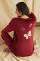 Bordo Renk Kadife Kumaş Arkası Kelebek Desenli  Teknur 52069 Uzun Kol Kadın Pijama Takımı, Teknur-52069, Teknur Pijama Takımı