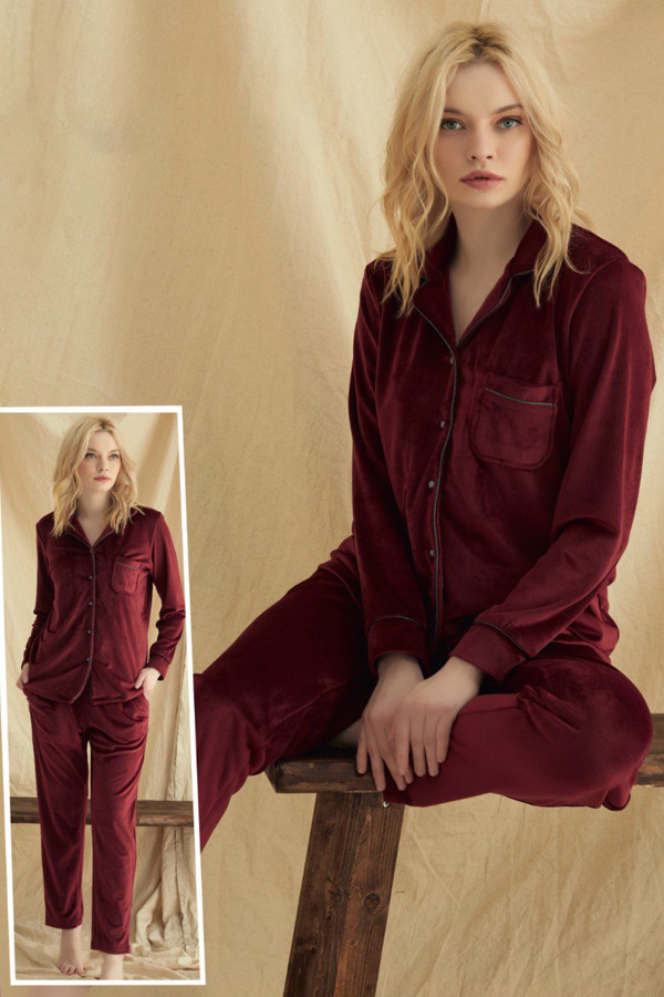 Kadın Bordo Renk Kadife Kumaş Teknur 52108 Uzun Kol Önden Düğmeli Pijama Takımı, Teknur-52108, Teknur Pijama Takımı