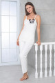 Beyaz Renk Panda Resimli Kadife Kumaş  Teknur 52153 Askılı Kol ve Sabahlıklı Kadın Pijama Takımı-Teknur