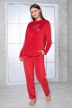 Kırmızı Renk Önü Mottolu Teknur 52160 Uzun Kol Kadın Kadife Pijama Takımı