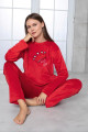 Kırmızı Renk Önü Mottolu Teknur 52160 Uzun Kol Kadın Kadife Pijama Takımı