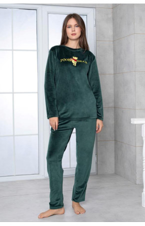 Koyu Yeşil Renk Önü Mottolu Teknur 52161 Uzun Kol Kadın Kadife Pijama Takımı