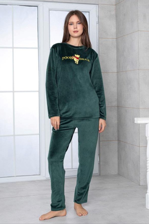 Koyu Yeşil Renk Önü Mottolu Teknur 52161 Uzun Kol Kadın Kadife Pijama Takımı, Teknur-52161, Teknur Pijama Takımı