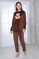 Kahverengi Önü Mottolu Teknur 52162 Uzun Kol Kadın Kadife Pijama Takımı