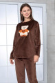 Kahverengi Önü Mottolu Teknur 52162 Uzun Kol Kadın Kadife Pijama Takımı, Teknur-52162, Teknur Pijama Takımı