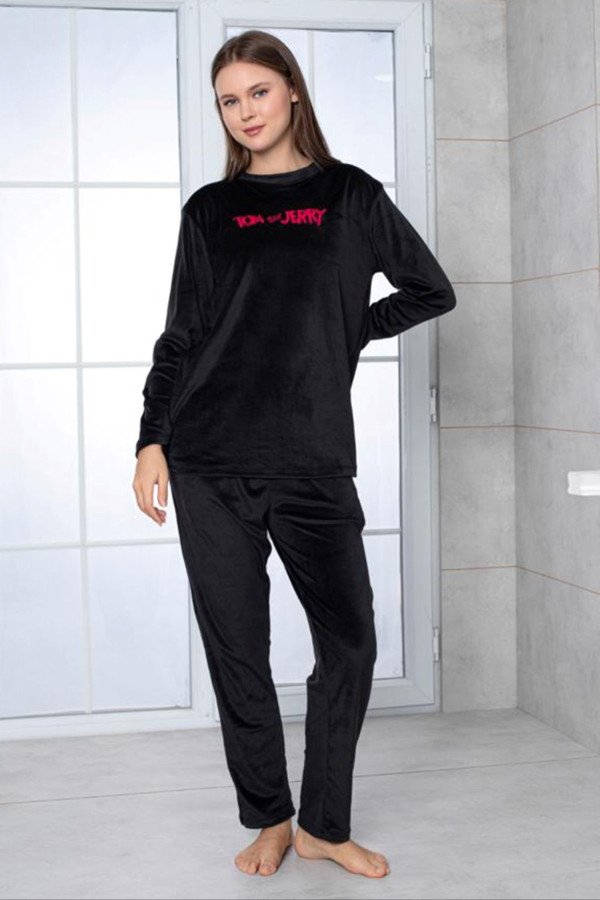 Siyah Renk Önü Mottolu Teknur 52164 Uzun Kol Kadın Kadife Pijama Takımı Siyah Renk Önü Mottolu Teknur 52164 Uzun Kol Kadın Kadife Pijama Takımı, Teknur-52164, Teknur Pijama Takımı