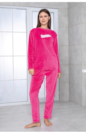 Pembe Renk Önü Mottolu Teknur 52166 Uzun Kol Kadın Kadife Pijama Takımı
