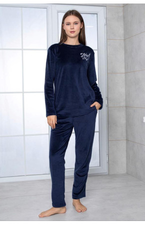 Lacivert Renk Önü Mottolu Teknur 52168 Uzun Kol Kadın Kadife Pijama Takımı