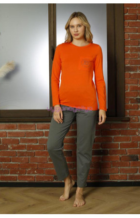 Turuncu Renk Teknur 16958 Uzun Kol Modal Kumaş Kadın Pijama Takımı Turuncu Renk Teknur 16958 Uzun Kol Modal Kumaş Kadın Pijama Takımı
