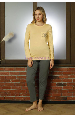 Sarı Renk Teknur 16959 Uzun Kol Modal Kumaş Kadın Pijama Takımı Sarı Renk Teknur 16959 Uzun Kol Modal Kumaş Kadın Pijama Takımı