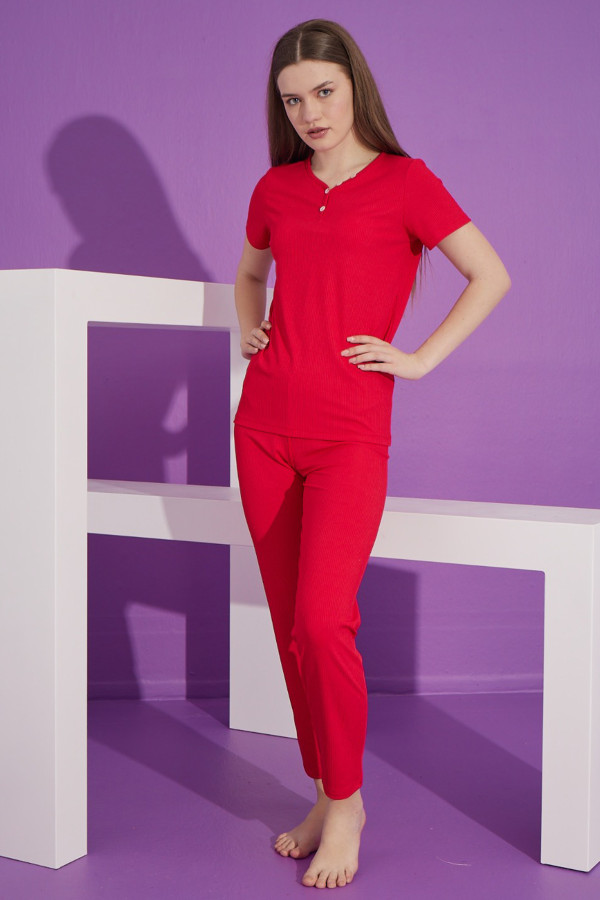 Kırmızı Renk V Yaka Teknur 2301 Kısa Kol Pamuklu Kumaş Kadın Pijama Takımı, TKNR-2301, Kısa Kollu Pijama Takımları
