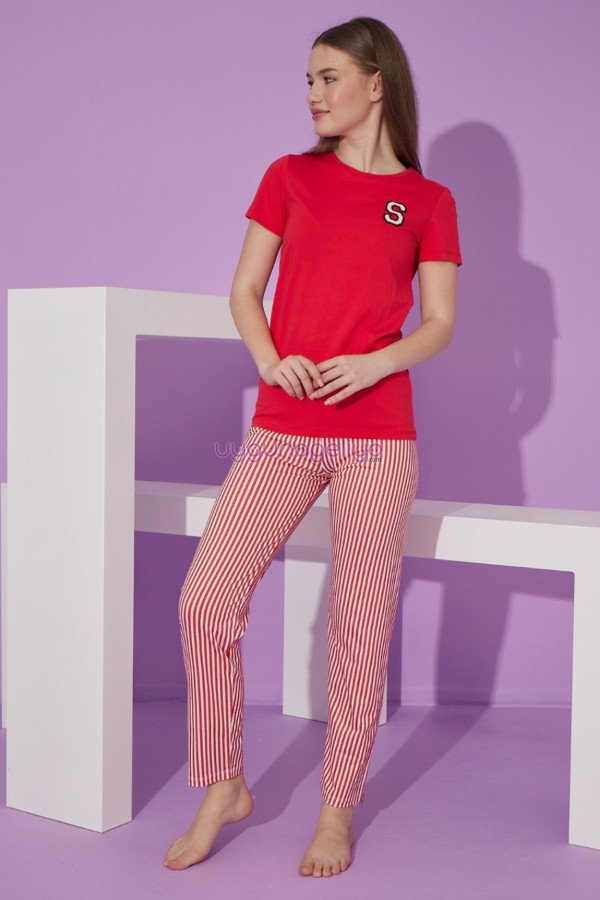Kırmızı Renk ve Çizgili Desen Teknur 76103 Kısa Kol Modal Kumaş Kadın Pijama Takımı Kırmızı Renk ve Çizgili Desen Teknur 76103 Kısa Kol Modal Kumaş Kadın Pijama Takımı, TKNR-76103, Kısa Kollu Pijama Takımları